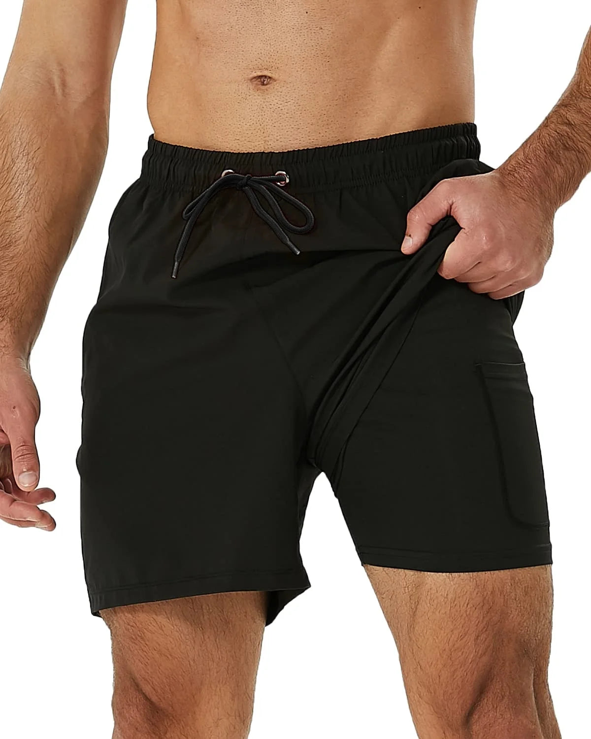 Men's 2-in-1 Quick-Dry Swim Trunks with Compression Liner and Zipper Pockets in Black, Size L