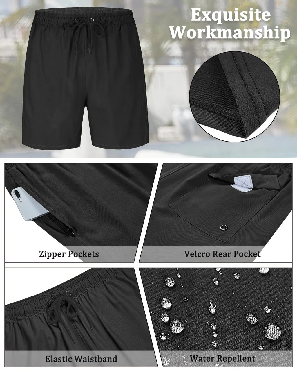Men's 2-in-1 Quick-Dry Swim Trunks with Compression Liner and Zipper Pockets in Black, Size L
